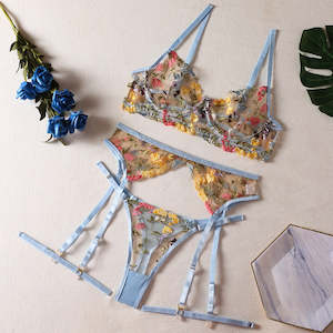 Lingerie Fashion: Blue Countryside Floral Bra, Suspender Belt, Thong with Leg Garter, Three-Piece Erotic Lingerie Set