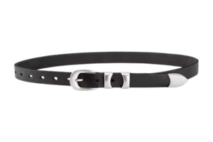 Accessories: Black Leather Belt with Silver Buckle Double Strap - Mary