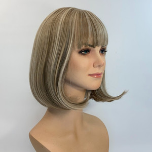 Highlighted light brown and blond bob. Sole Wig Works