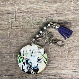 Key Rings And Tags: Key Tag - Wooden Circle with White and Black Cow