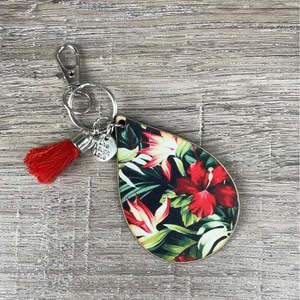 Keyring - Teardrop with Red Flowers