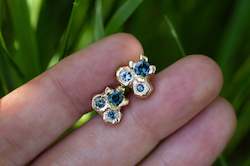 September: Cluster Studs - 9ct Yellow Gold with Blue-Green Sapphires