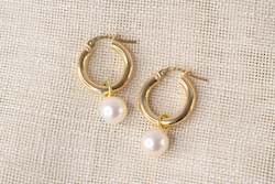 Products: Round Pearl Drop Hoop Earrings - White - 9ct Yellow Gold
