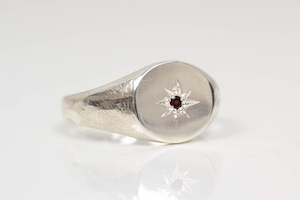 Signet Rings: Signet Ring - Sterling Silver with  Garnet
