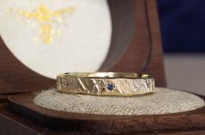 Gem Set Bands: Bark Band with Diamonds and Sapphires - 9ct Yellow Gold