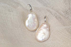 Earrings: Flat-Baroque Pearl Drop Hook Earrings - White - Sterling Silver