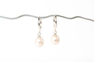 Earrings: Semi-Baroque Pearl Drop Huggie Earrings - White - Sterling Silver