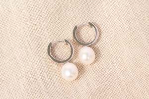 Earrings: Pearl Drop Round Huggie Earrings - White - Sterling Silver