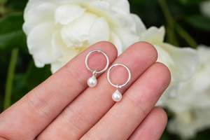 Pearl Earrings: Round Pearl Drop Sleepers - White - Sterling Silver