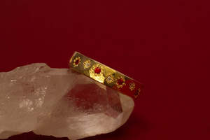 All Bands: Faceted Band with Orange-Red Sapphires & Diamonds - 9ct Yellow Gold