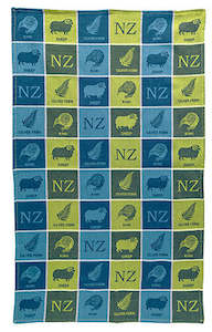 Tea Towels: Jacquard Woven 4 Icons Tea Towel - Blue And Lime