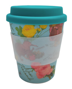 Keep Cups: Kiwi and Flowers - Blue With Blue Lid - Bamboo Coffee Cup