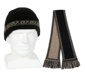 Lothlorian Possum & Merino Unisex Beanie and/or Scarf Koru - Black/Natural