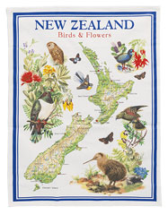 Frontpage: NZ Map Flowers Tea Towel