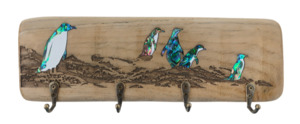 NZ Made Wood & Paua Keyholder - Penguin