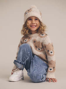 Kids Hats Beanies: Ecru Huxbear Knit Beanie