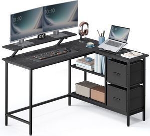 L-Shaped Office Desk with 2 Drawers – Black