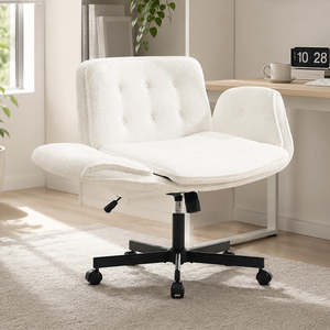 In Stock: Cross-Legged Swivel Office Chair with Armrests – Cream White