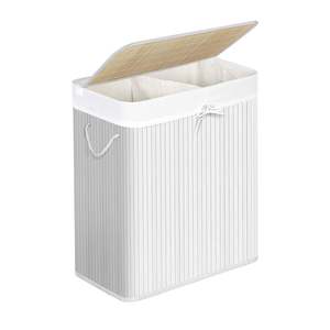 Baskets Hampers: Divided Bamboo 100L Laundry Basket with Lid- Off-White