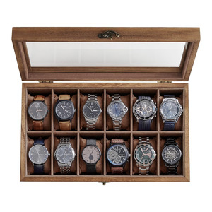 12-Slot Wood Watch Box With Large Glass Lid - Rustic Walnut