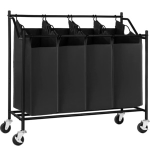 Shelving Trolleys: Heavy-Duty 4 Bag Laundry Rolling Sorter Hamper Basket Black