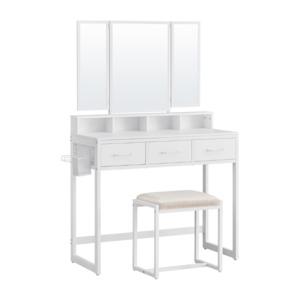 Dressing Tables: Tri-Fold Mirror Dressing Vanity Table with Stool and Drawers