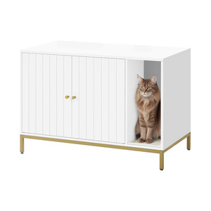 Pet Supplies: Cat Litter Box Cabinet with Scratching Mat – White & Gold