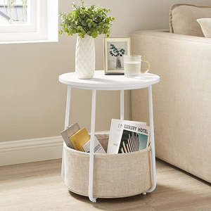 Round Side Table With Fabric Storage Basket - Beige