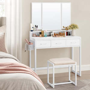 Dressing Tables: Tri-Fold Mirror Dressing Vanity Table with Stool and Drawers