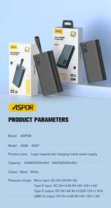 Powerbank: Aspor A336 22.5W PD + QC 3.0 LCD DISPLAY FAST CHARGE 20000mah