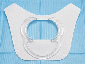 Products: Saliva Shield goes around retractor, makes width smaller in clients mouth & it’s for dribblers - Sparkle White