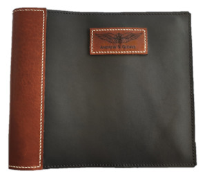 Pilot Logbook Covers: FAA (US) Pilot Logbook Cover COM- black & whisky aniline, laser engraved wings & name patch