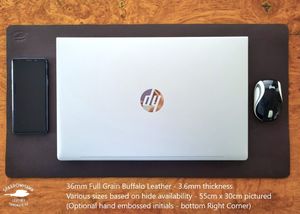 Business Gifts: Buffalo Leather Desk Pad 3.6mm - Obsidian Dark Brown- Optional Embossed initials - various sizes