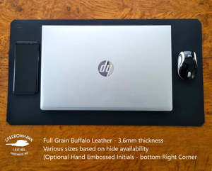 Buffalo Leather Desk Pad 3.6mm - Matt Black - Optional Embossed initials - various sizes