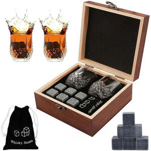 Bar: Whiskey Stones Glasses Set Granite Ice Cube For Whisky in Wooden Bottle Box