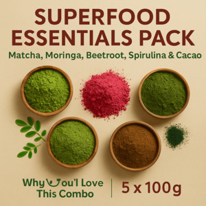 Organic Superfoods Nz: Superfood Essentials Pack (450g) | Matcha, Cacao, Spirulina, Moringa, Beetroot | SpiceBloom NZ