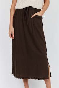Carbon The Label Joshua Frayed Linen Midi Skirt - Dark Chocolate