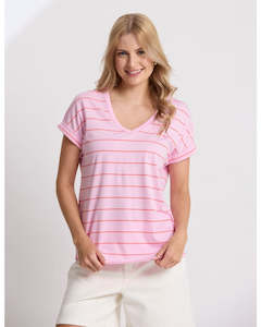 Stella Tees S S Tees: Stella + Gemma Soho Cuff V Tee - Candy with Red Stripe