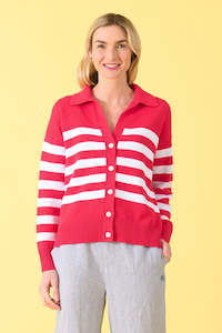 Charlie Jane Jacks Point Cardigan - Raspberry/White Stripe
