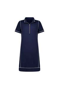 Vassalli Short Sleeve Contrast Stitch Knit Dress with Zip Front Neck and Pockets - Ink