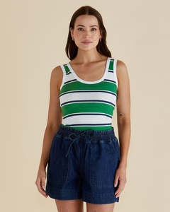 Betty Basics Emma Scoop Tank - Navy/Green Stripe