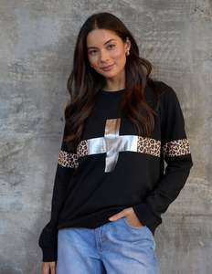 Stella + Gemma Classic Sweat - Black Silver Cross Leopard