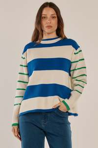 Betty Basics Camryn Knit Sweater - Blue/Green Stripe