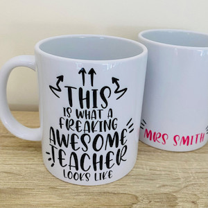 Personalised Mug for 'A Freaking Awesome Teacher' squiggle-art