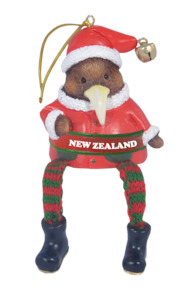 Christmas: Hanging Xmas Kiwi with 'New Zealand' Decoration - Dangling Legs