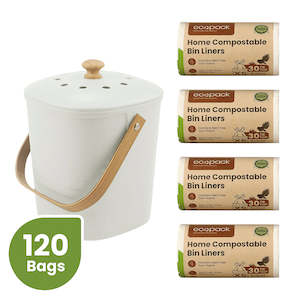 Bulk Deals: Ecopack Compost Bin Set: Kitchen Compost Bin + 8L Compostable Bin Liners (4 Rolls/120 Bags)