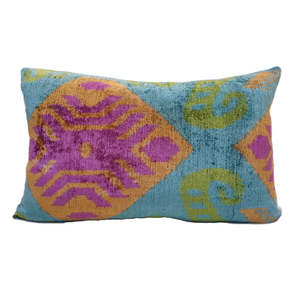 Ikat silk & velvet cushion atlantis green