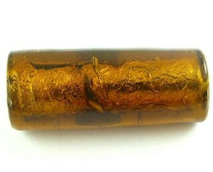 Handmade Glass Beads Foil Gold Spun: Indian Glass, Silver Foil, Tube, Brown, 38x16mm (10pcs)