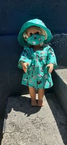 Products: Cotton dress, mask and hat. Green cat print, fits 46cm doll