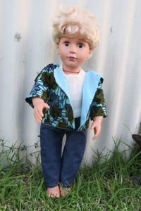 Products: Doll hoodie, green and blue wax print fabric, fits 46cm doll